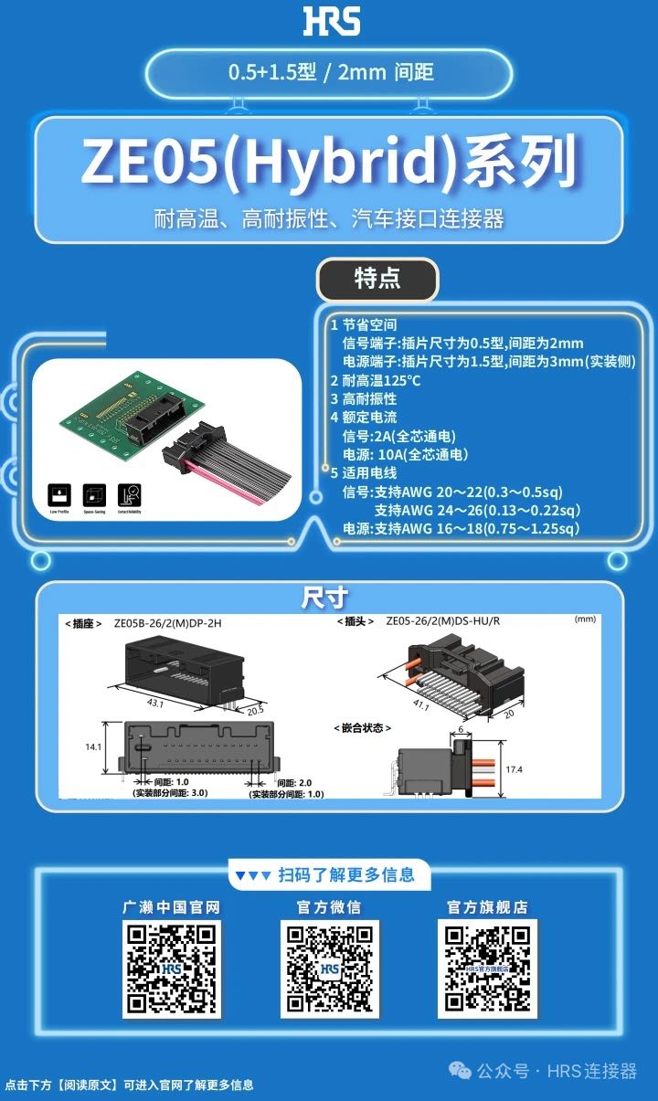【產(chǎn)品推薦】耐高溫、高耐振性、汽車(chē)接口、電源信號(hào)混合型連接器ZE05系列